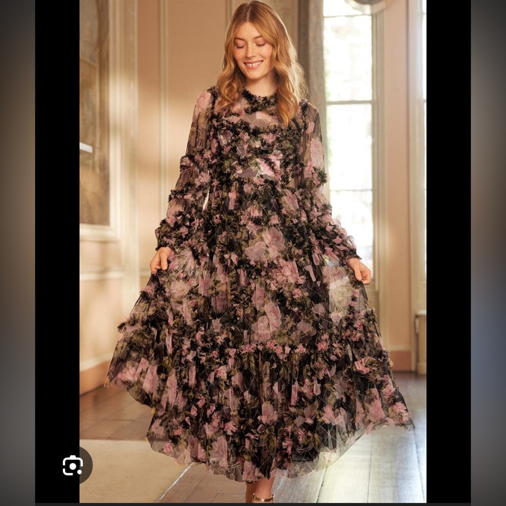 Needle & Thread Black Diamond Floral Ruffle Maxi Dress UK6